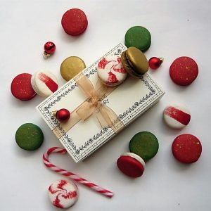 red, white and green macarons for Christmas